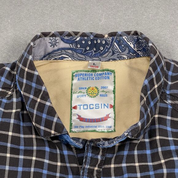 Tocsin Shirt Mens Large Blue Plaid Check Tartan Easy Care Long Sleeve Workwear - Picture 2 of 9